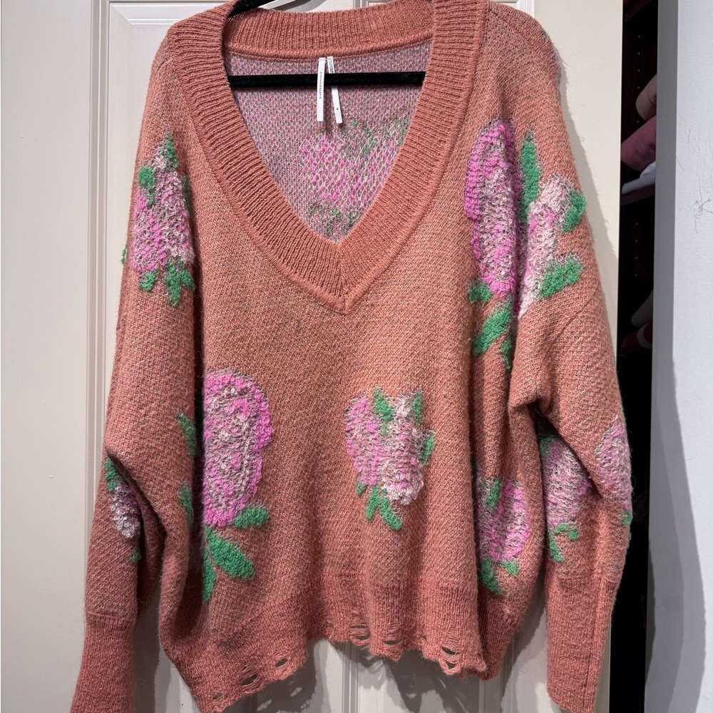 Free People Pink Floral V-Neck Sweater